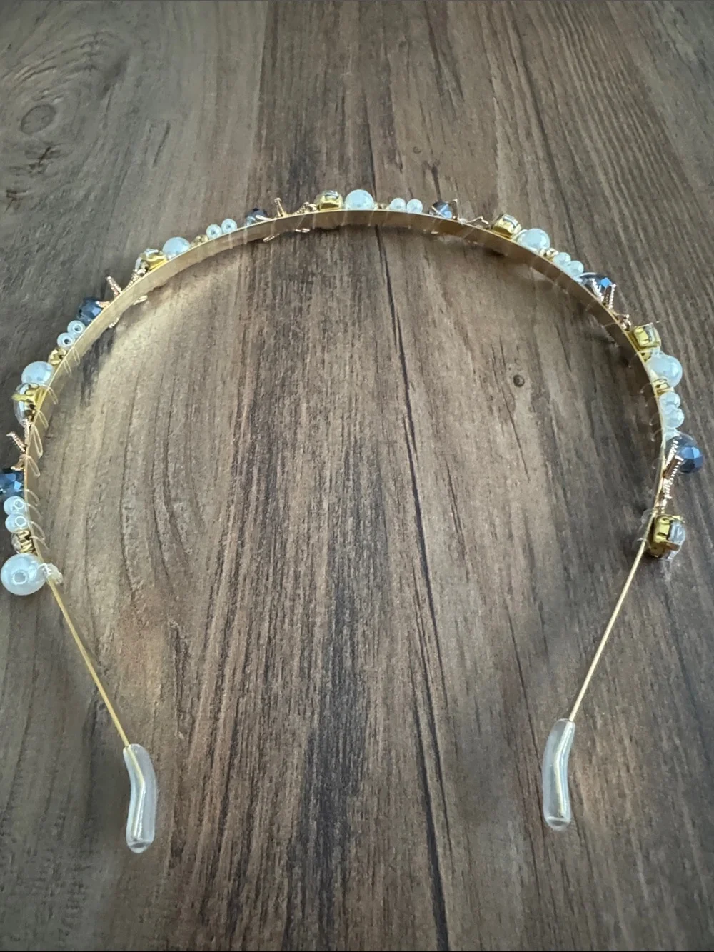 Gold Shell & Pearl Headband with Blue Crystal Accents